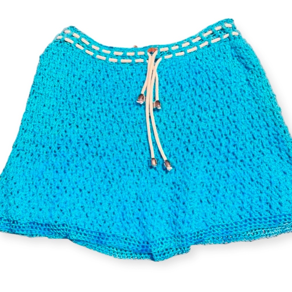 Vintage 1960’s Mod Crochet Turquoise Summer Mini Skirt or Beach Skirt, Small/Med